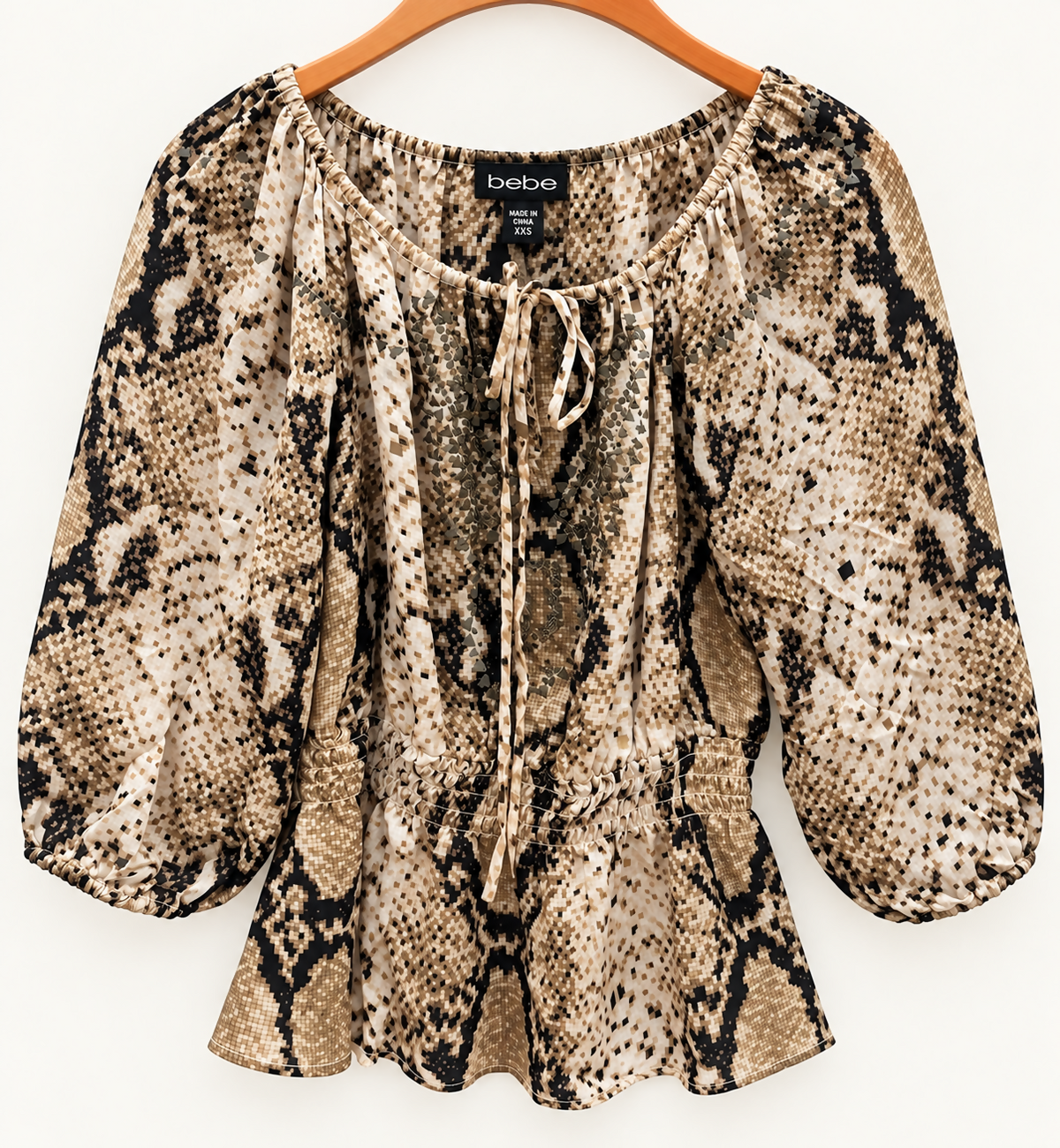 Bebe Women’s Snakeskin-Print Peplum Blouse – Size XXS