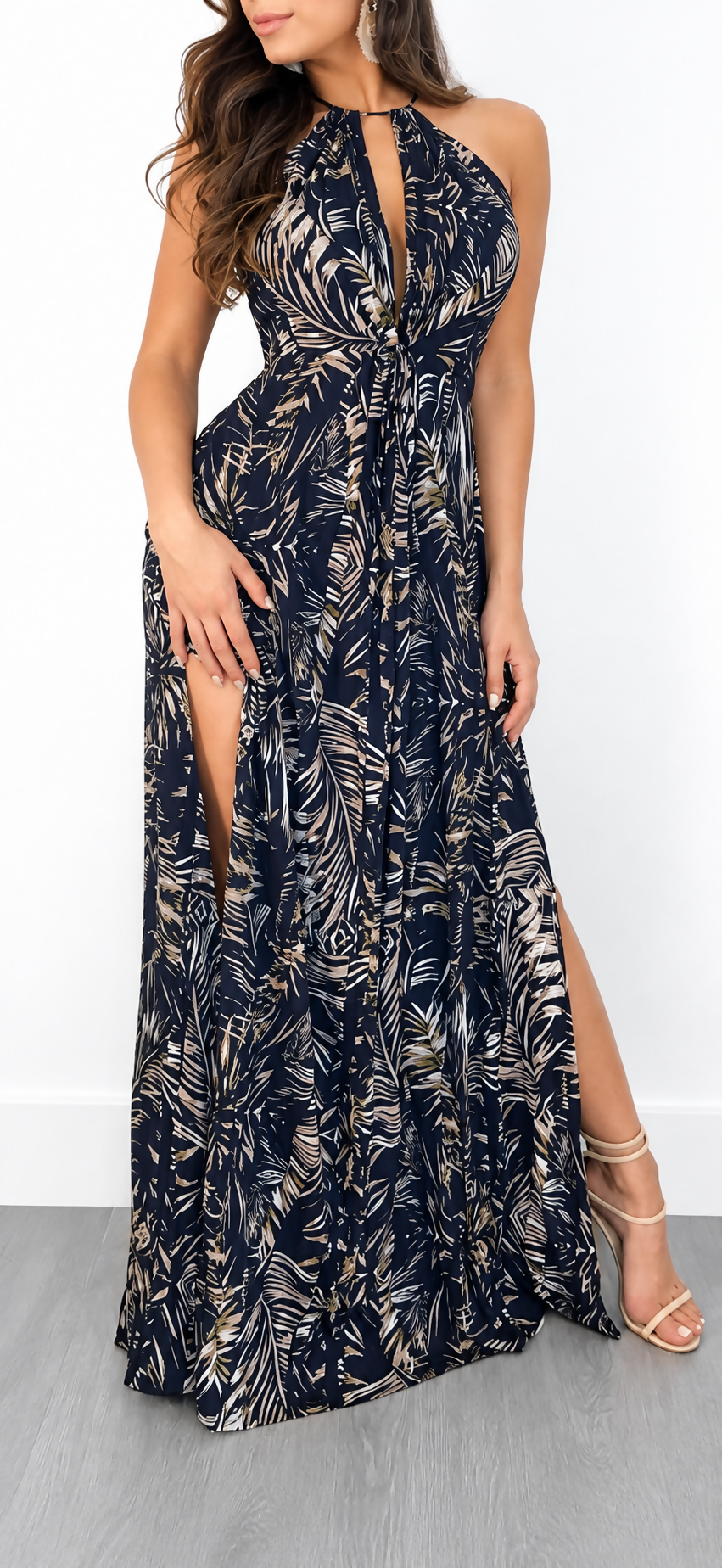 Navy Tropical Print Halter Maxi Dress