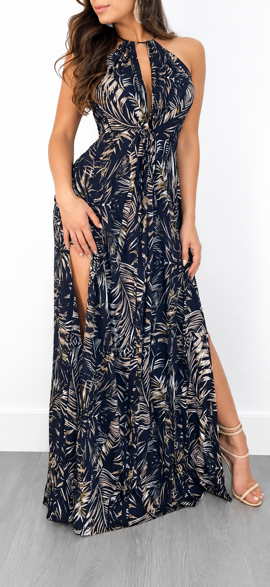 Navy Tropical Print Halter Maxi Dress