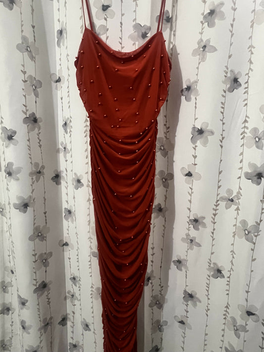 Rust Orange Ruched Pearl-Embellished Dress