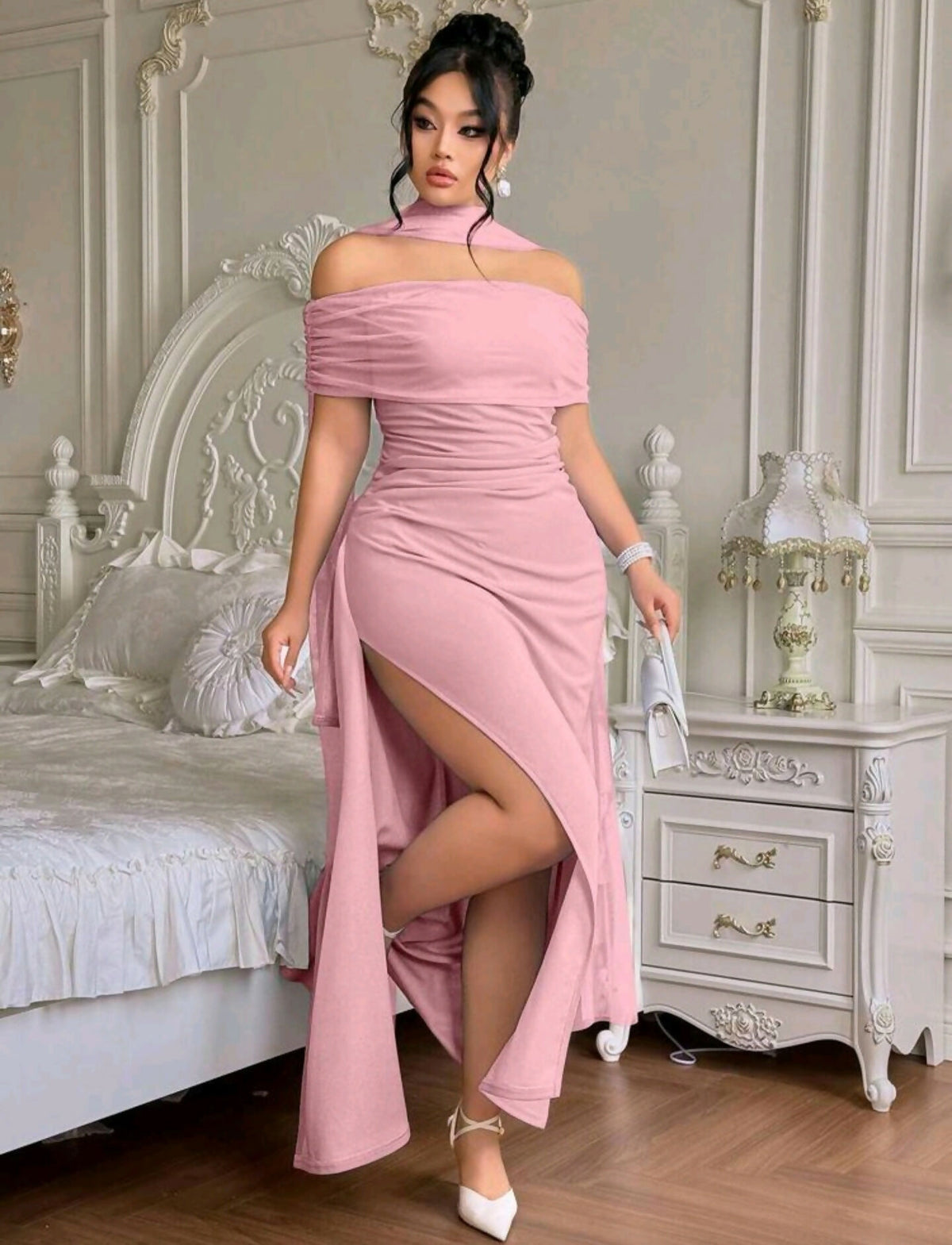 Roveilla Plus Size Elegant Off-Shoulder Open Back Evening Dress
