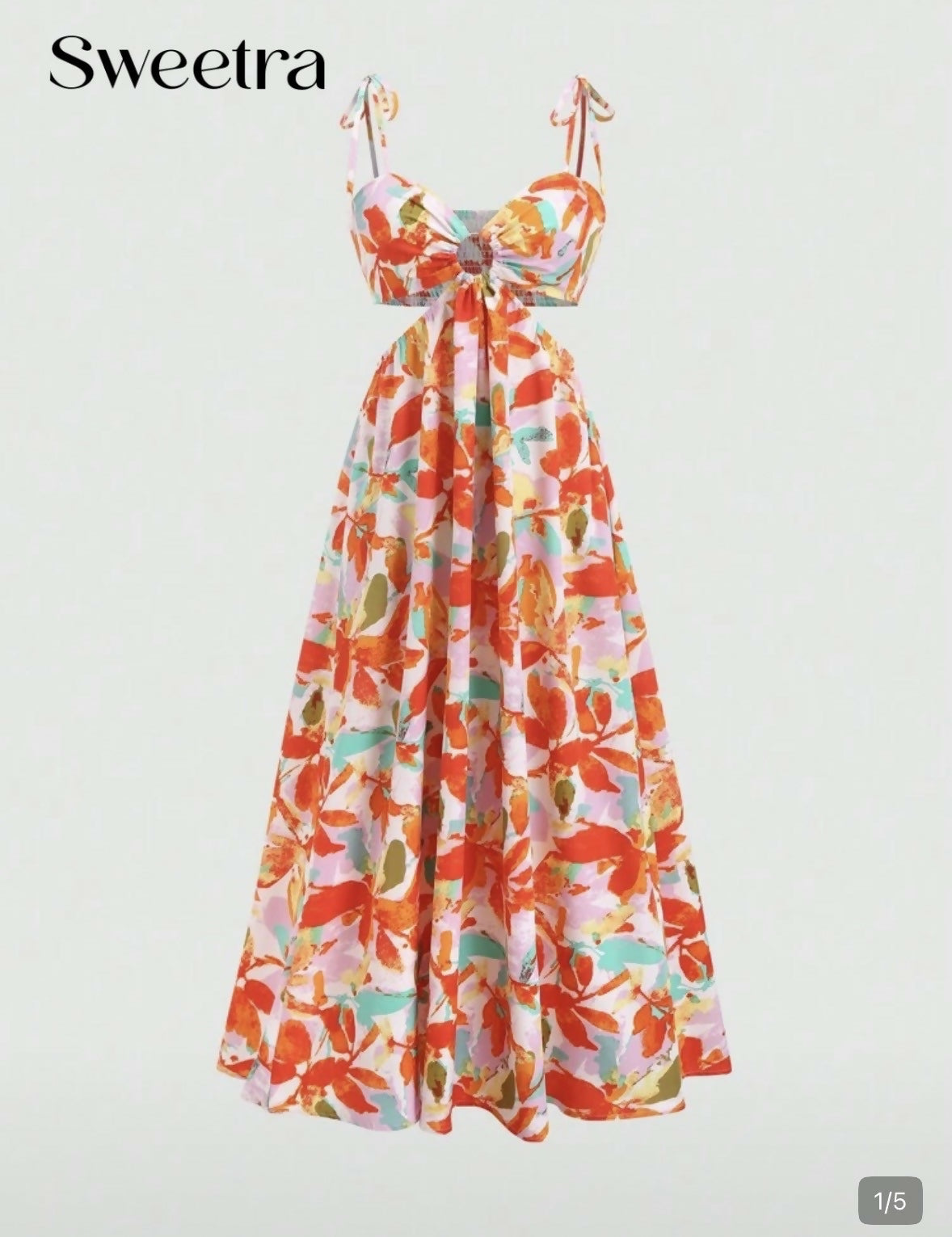 Women's Spaghetti Strap Backless Floral Print Hollow Out Design Chiffon Top Maxi Dress