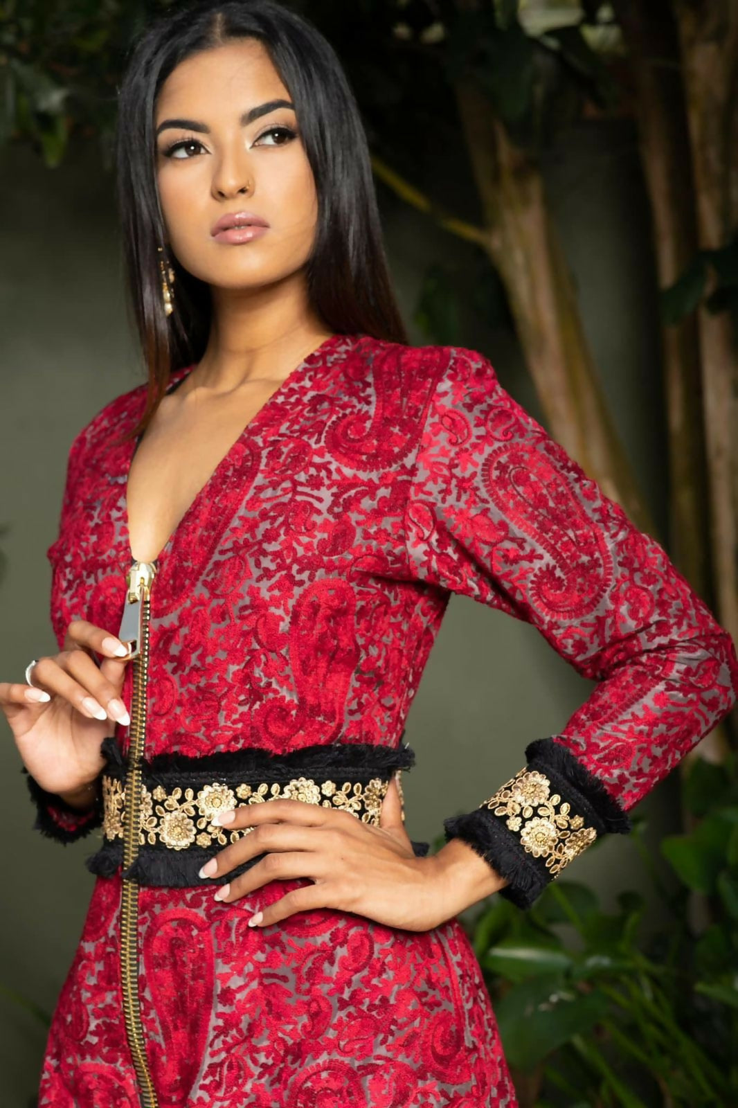 Charu Lochan Dass CLD Red Paisley Embellished Zip-Front Dress | Designer Evening Wear