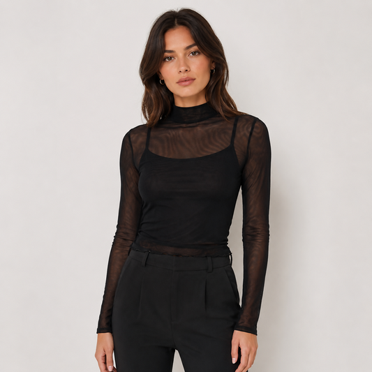 Mock Neck Long Sleeve Sheer Mesh Top