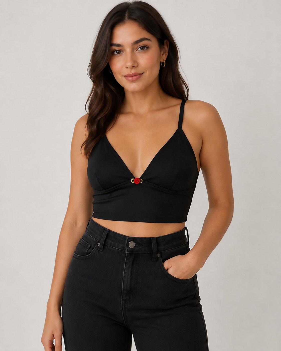 Black Satin Rosette Crop Top
