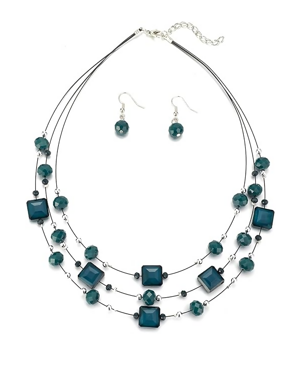Layered Silver & Emerald Beaded Necklace & Earrings Set