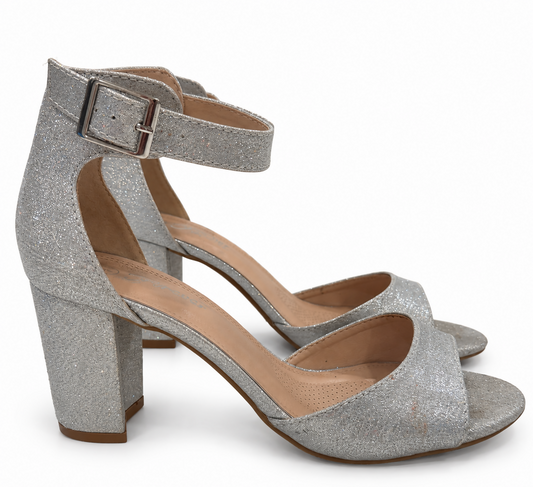Silver Glitter Ankle Strap Block Heels
