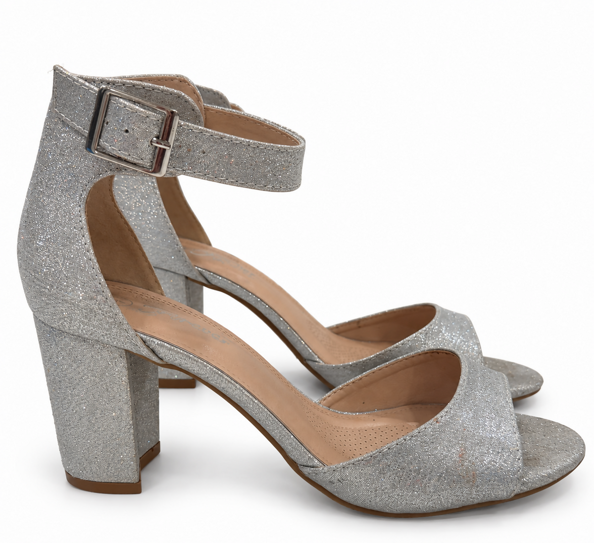 Silver Glitter Ankle Strap Block Heels