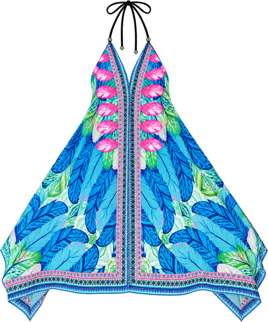 "Tropical Print Halter Dress."