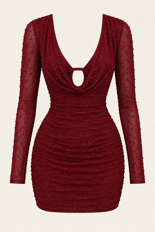 Oh Polly DUPE - Embellished Long Sleeve Deep Plunge Mini Dress