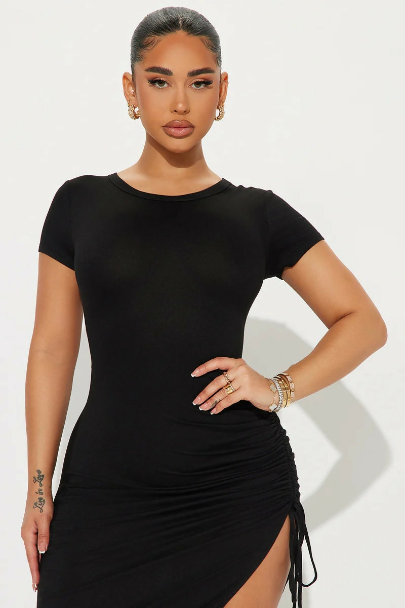 Drawstring High Slit Midi Dress