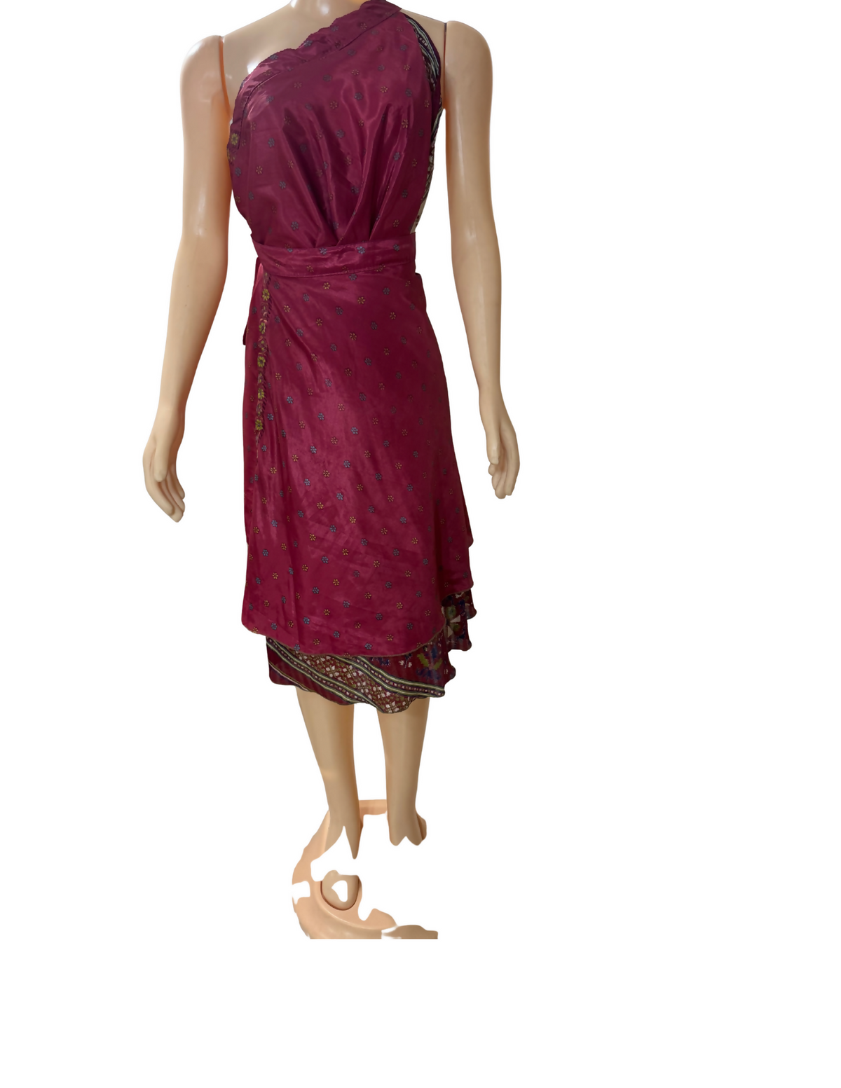 Kariza Silk Blend Multiway Wrap Dress, Burgundy, pink & Cream Sari Print