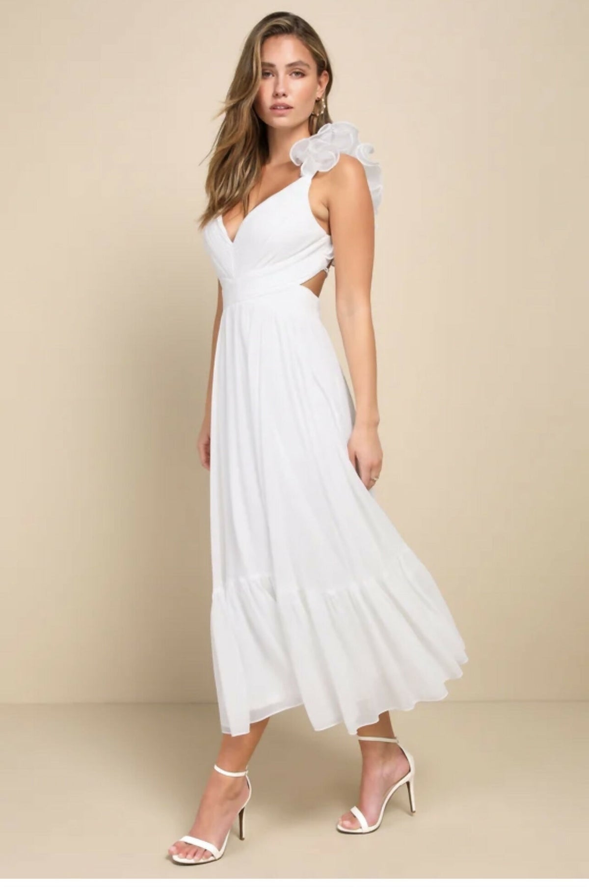 Contemporary Poise White Pleated Ruffled Lace-Up Midi Dress
