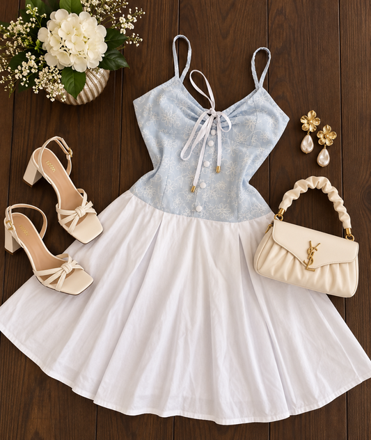 Blue and White Embroidered Dress