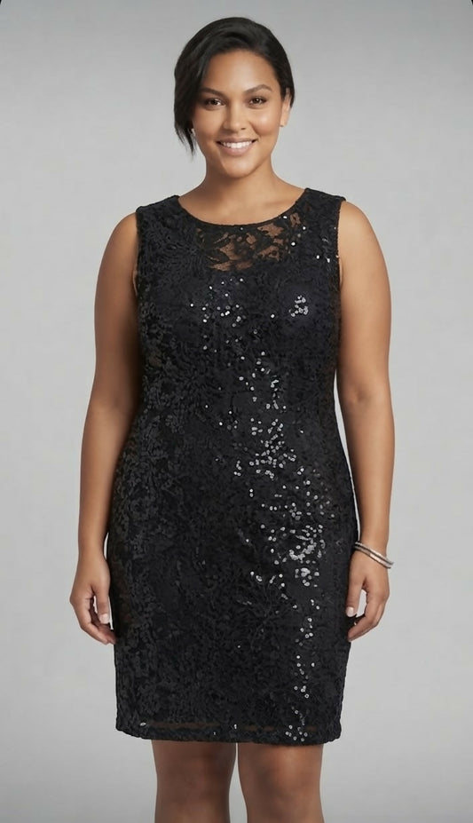 Black Floral Lace Sequin Sleeveless Dress