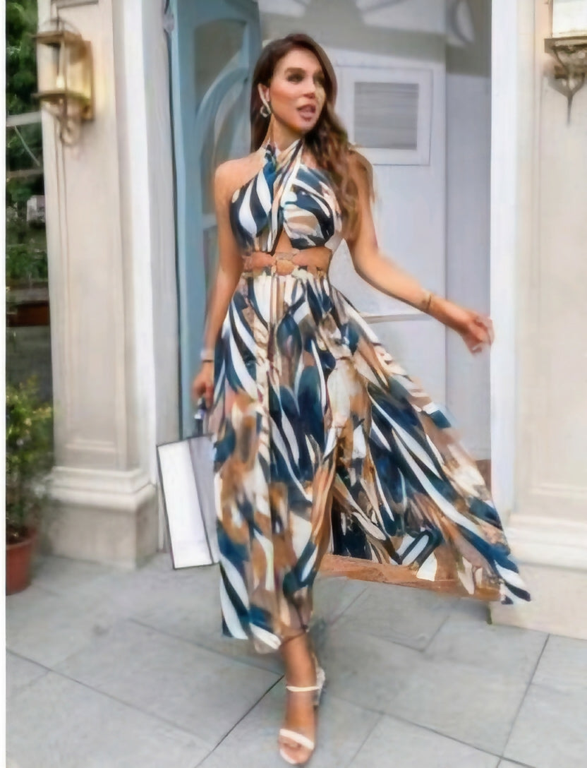 Print Tie Backless Halter Dress