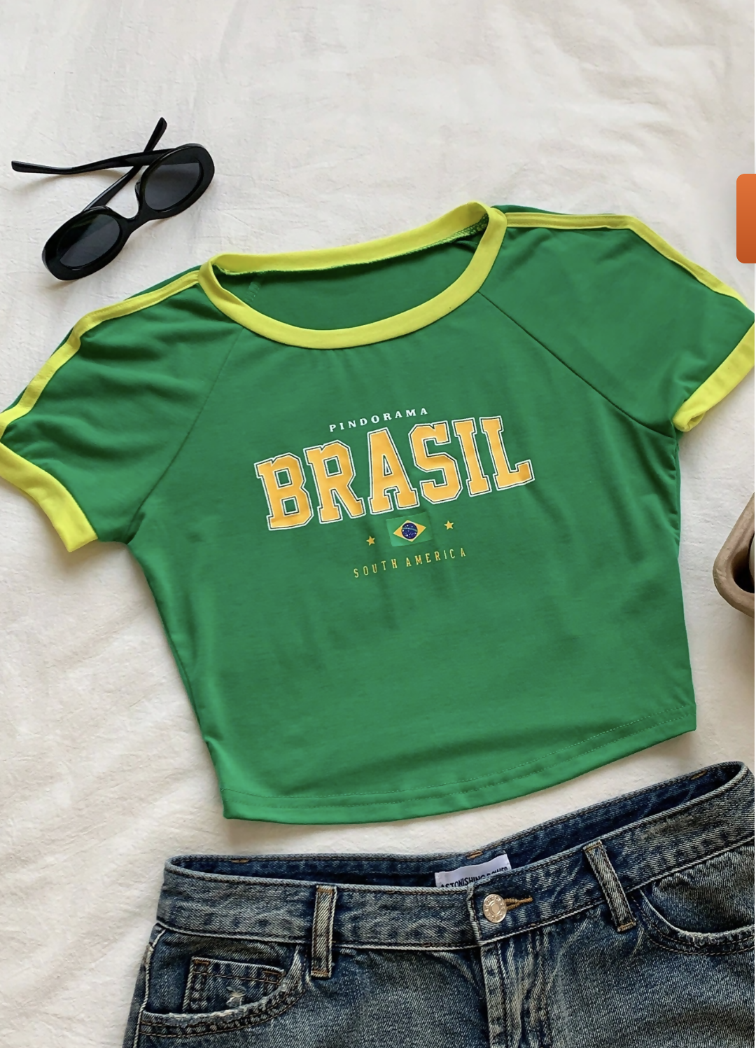 Brazil Letter Graphic Contrast Trim Raglan Sleeve Crop Tee