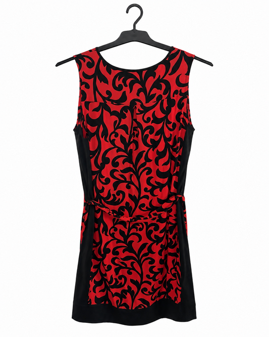 Ann Taylor Red & Black Scroll Print Belted Dress | Sleeveless Stretch Jersey