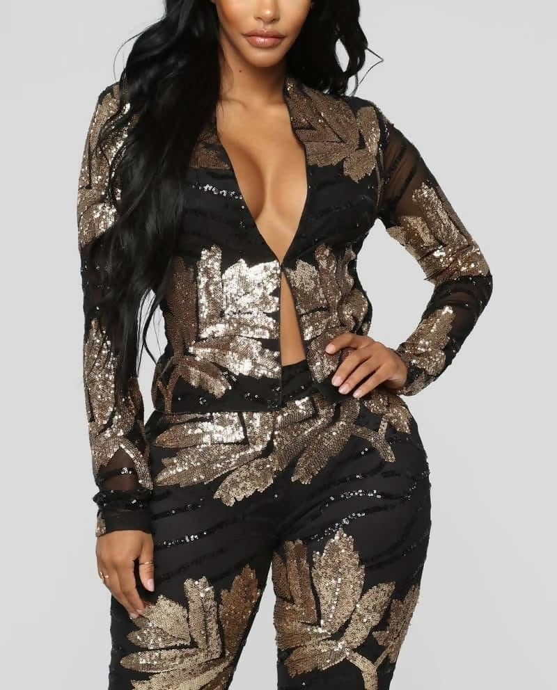 (NEW) Sequin Leaf-Pattern Blazer