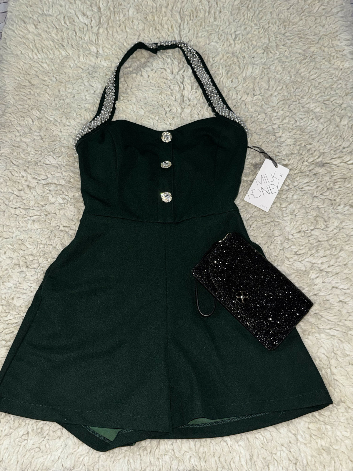 Emerald Green Romper with Pearl Detail