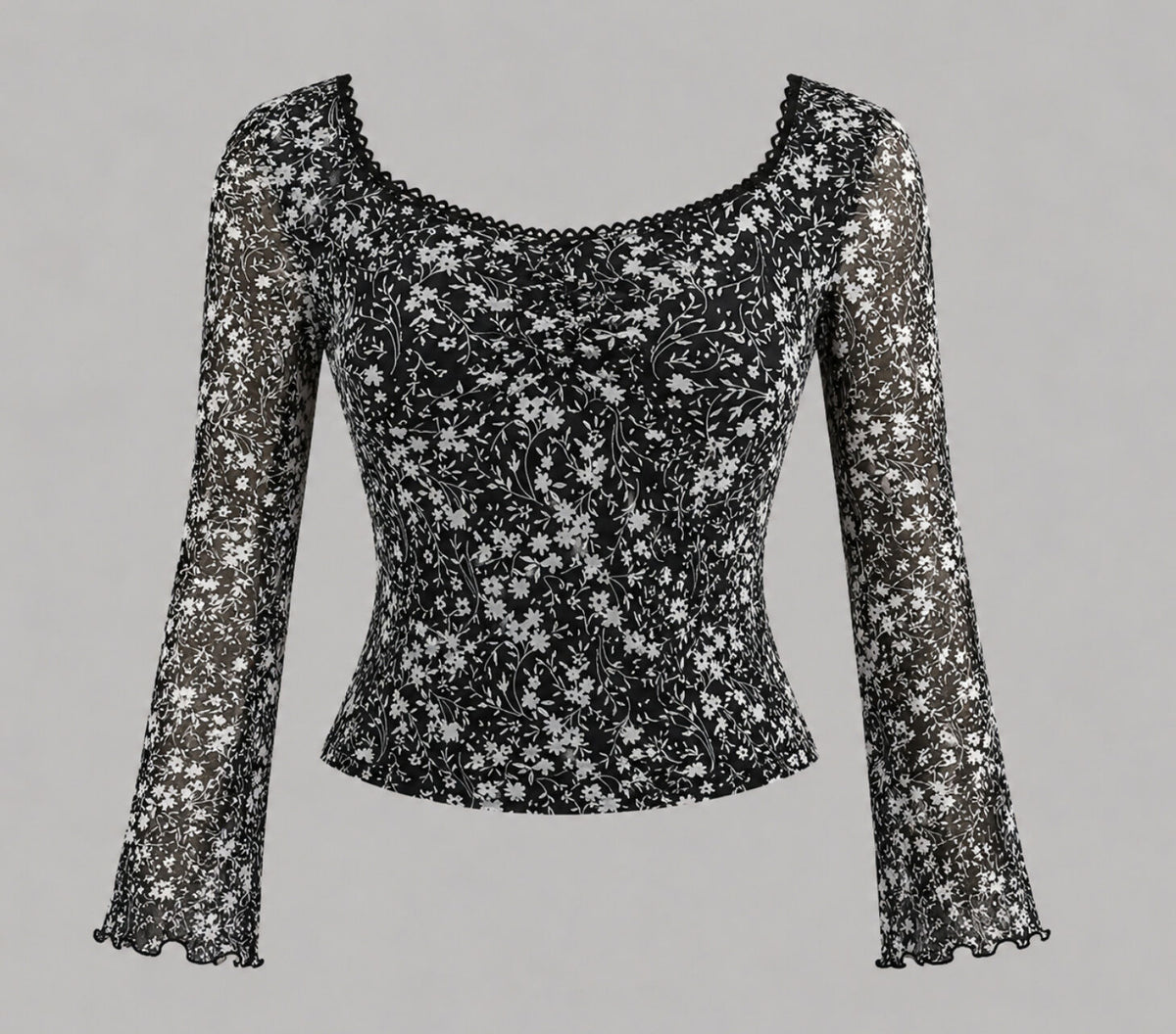 Black and white floral mesh long sleeve top