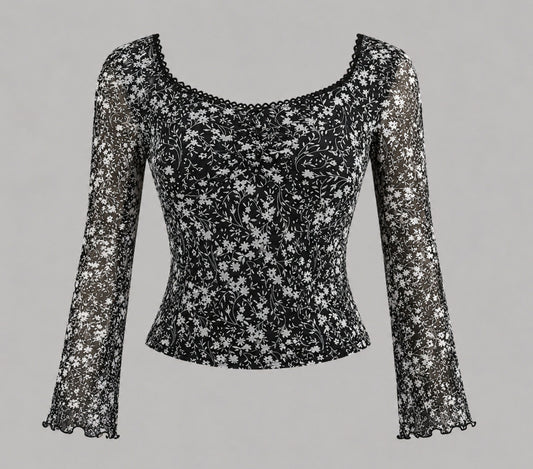 Black and white floral mesh long sleeve top