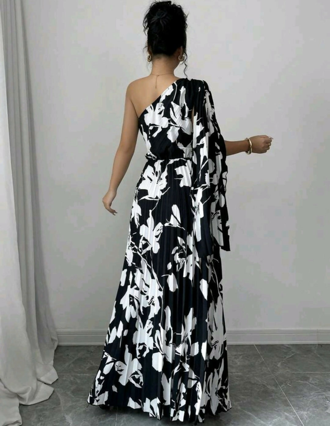 Monochrome Abstract Floral One-Shoulder Pleated Maxi Dress