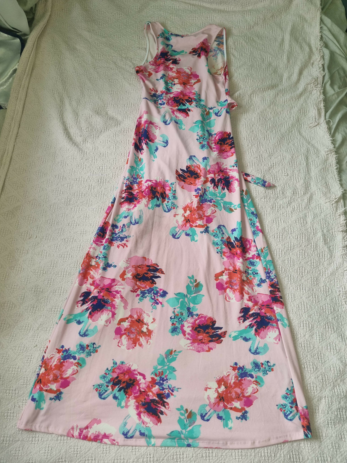 Pink Floral V Neck Dress with Leg Silt and Ribbon Waist Tie Detail
