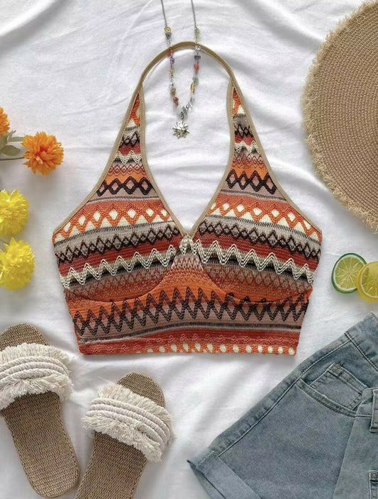 Soleia WYWH Women Vacation Chevron Print Backless Halter Boho Top