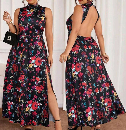 Elegant Floral Dress - Backless, Sleeveless, Side Split, Maxi