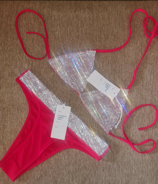Rhinestone Studded Bikini Set - Red