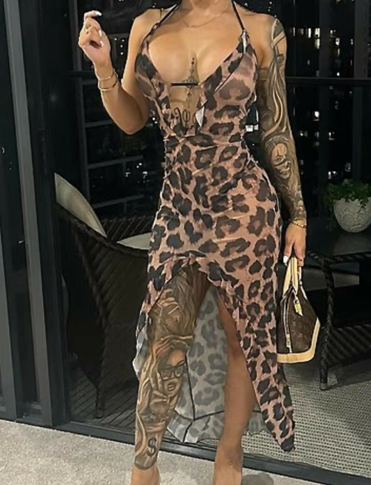 SHEIN BAE Women's Summer Leopard Print Sexy Backless Halter High Split Ruffle Hem Maxi Vacation Dress