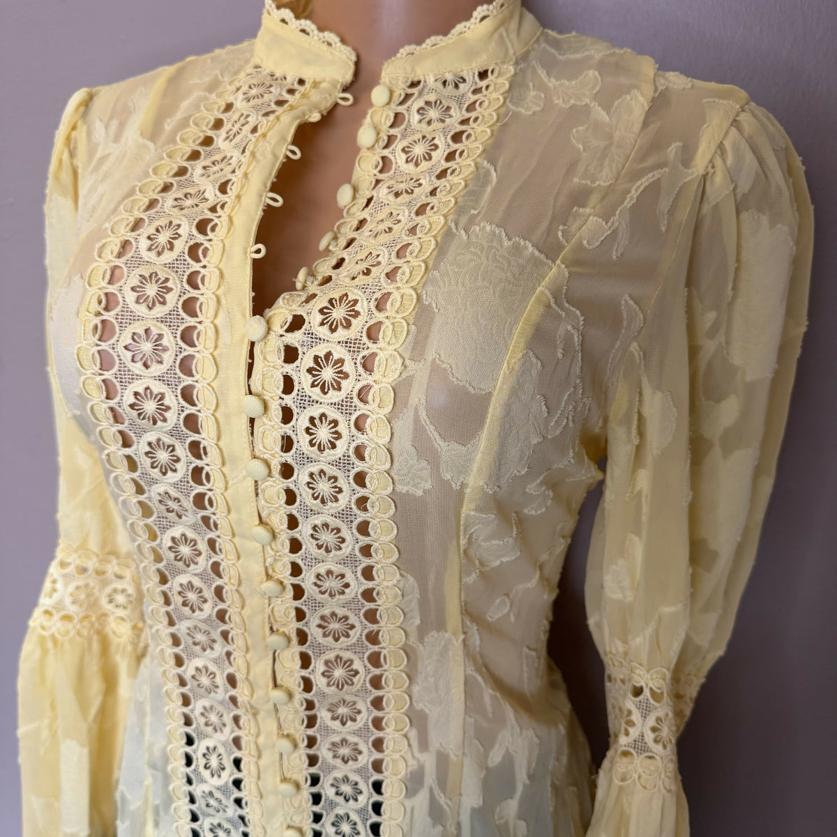 Yellow Lace Puff Sleeve Blouse