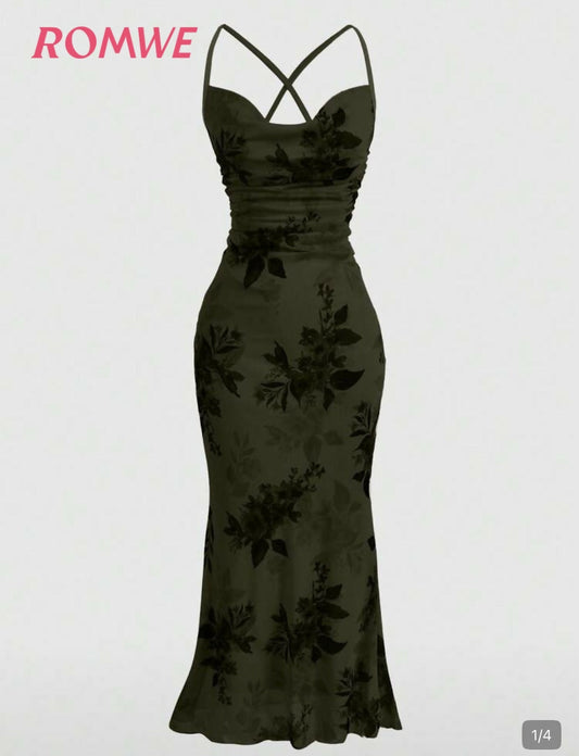 Women's Elegant Floral Print Spaghetti Strap Backless Fitted Dress