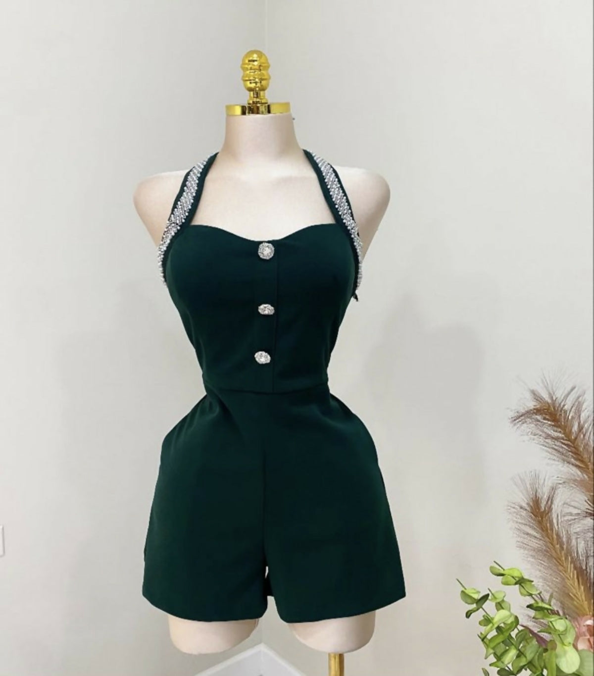 Emerald Green Romper with Pearl Detail