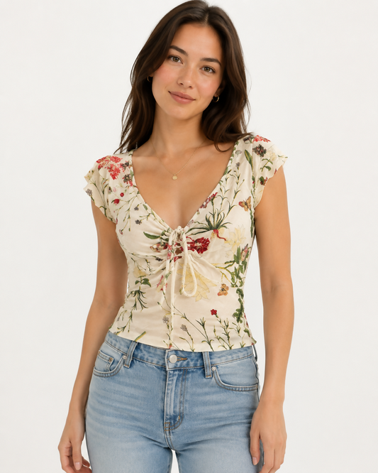 Botanical Floral Tie-Front Top