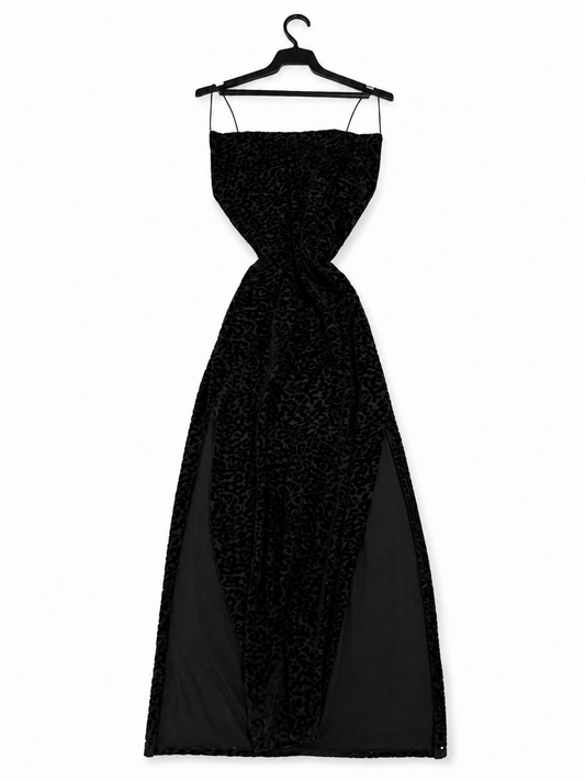 Black Leopard Burnout Velvet Double Slit Formal Dress