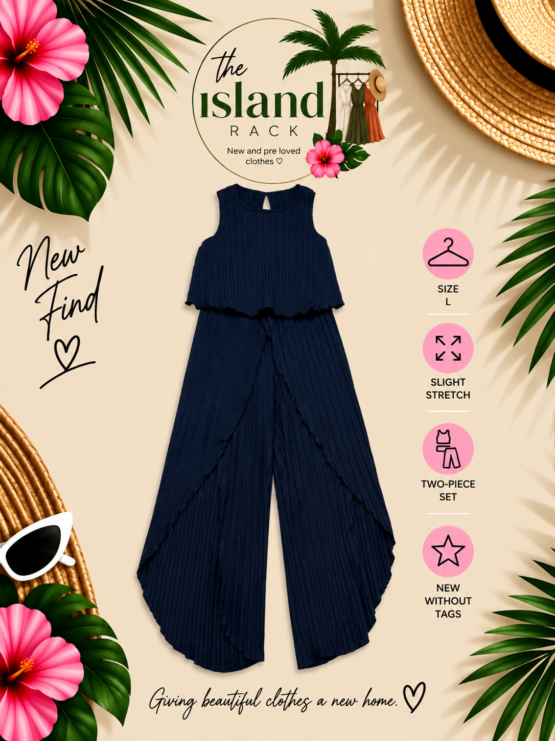 SHEIN LUNE Dark Blue Pleated Tank Top & Wrap Hem Pants Set