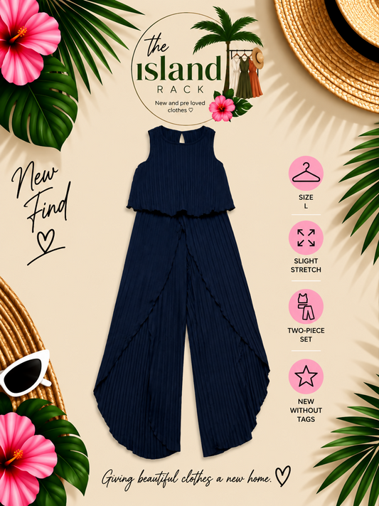SHEIN LUNE Dark Blue Pleated Tank Top & Wrap Hem Pants Set