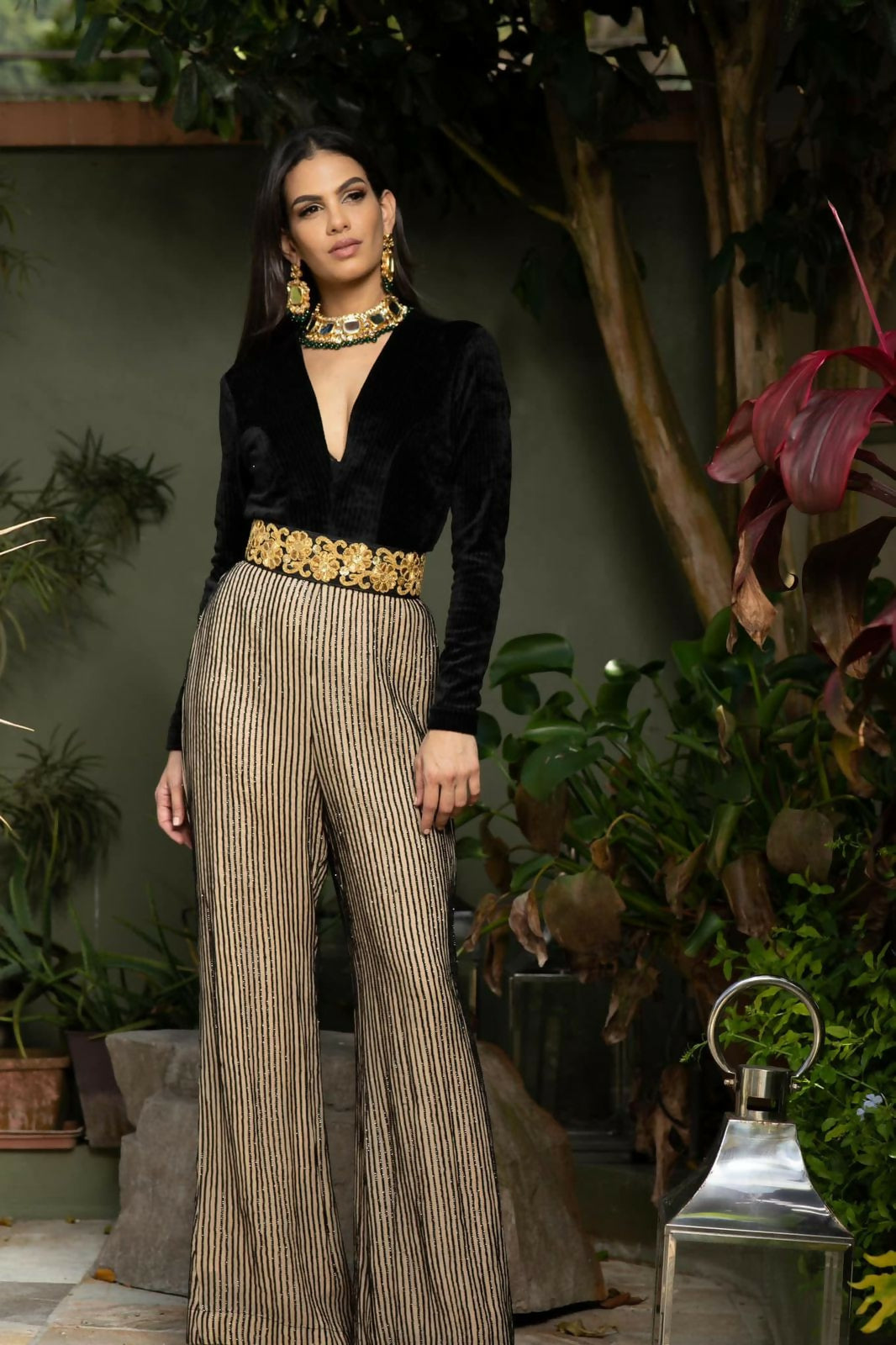 Charu Lochan Dass CLD Black Velvet & Embellished Wide-Leg Jumpsuit | Designer Evening Wear