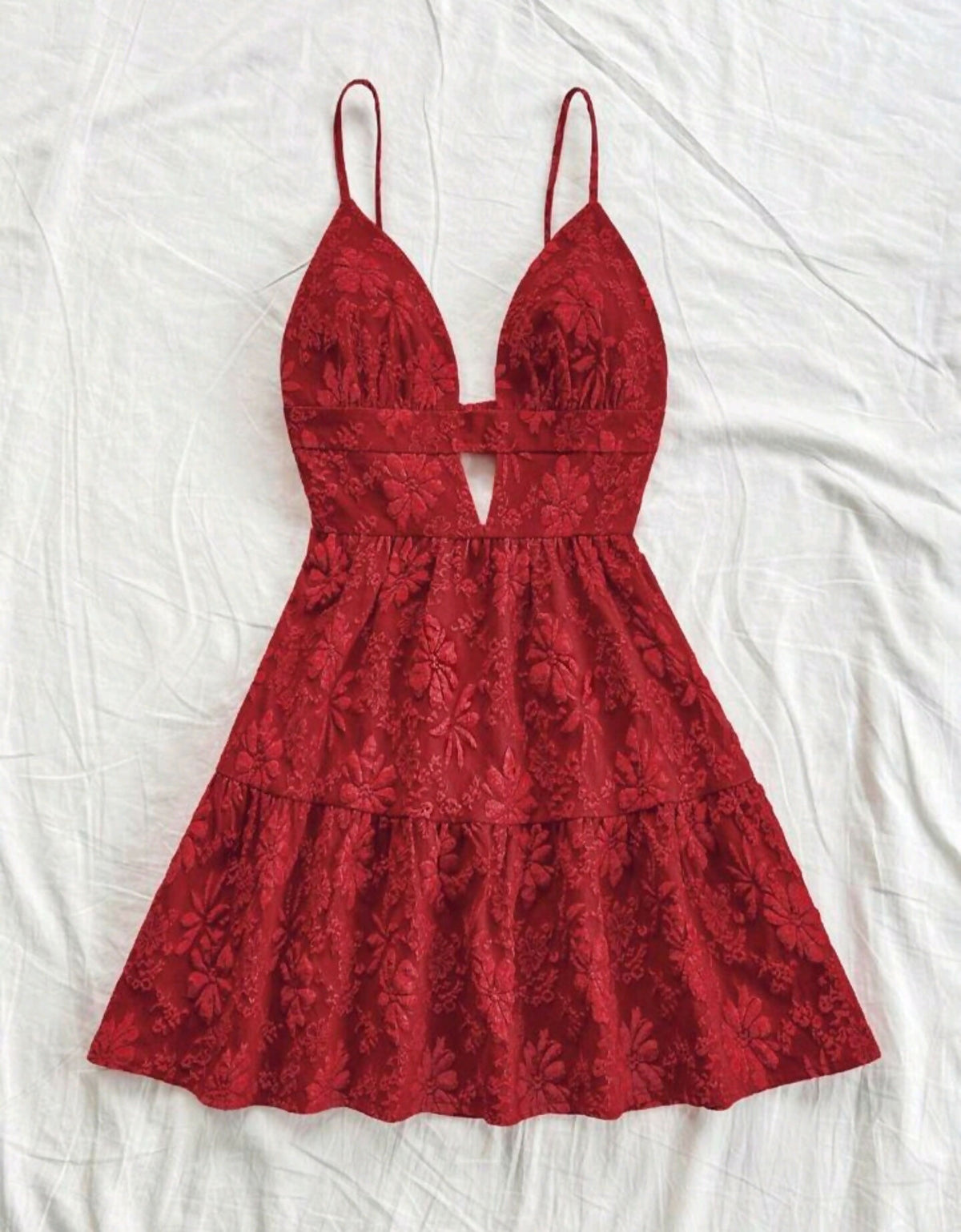 Plus Spaghetti Strap Jacquard Textured Open Back A-Line Mini Dress