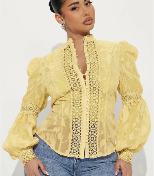 Yellow Lace Puff Sleeve Blouse