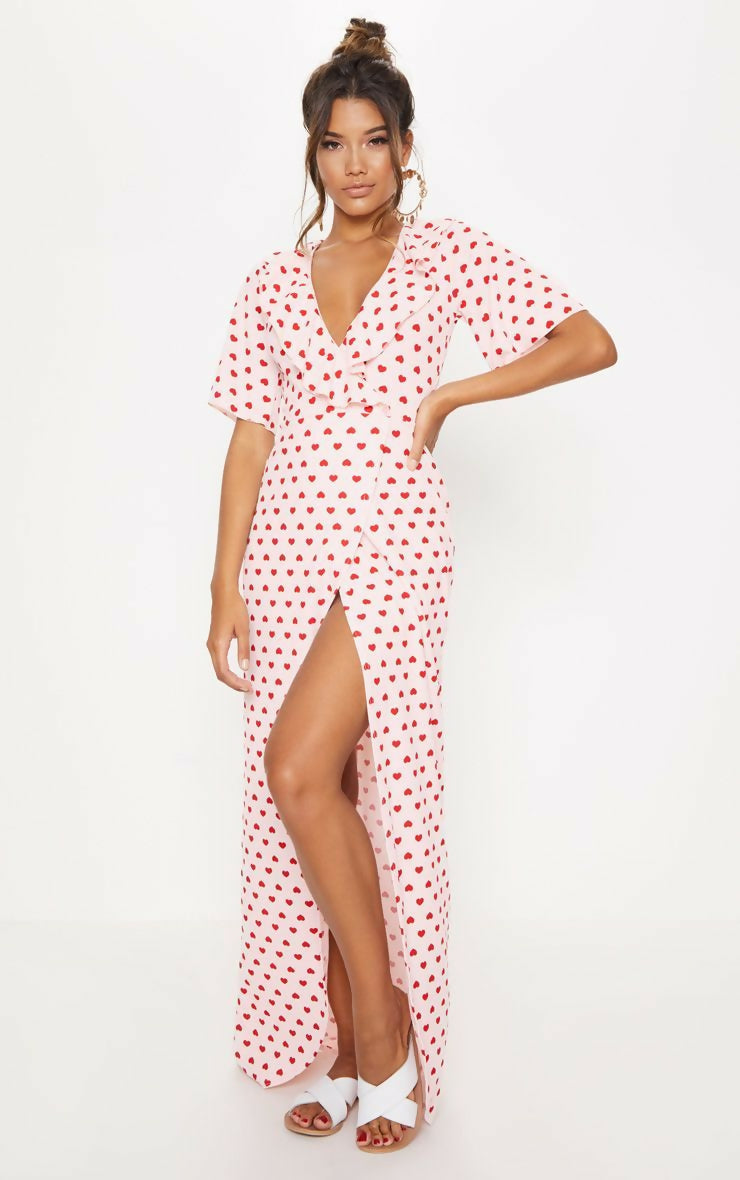 (NEW) PLT Heart Print Frill Detail Wrap Maxi Dress
