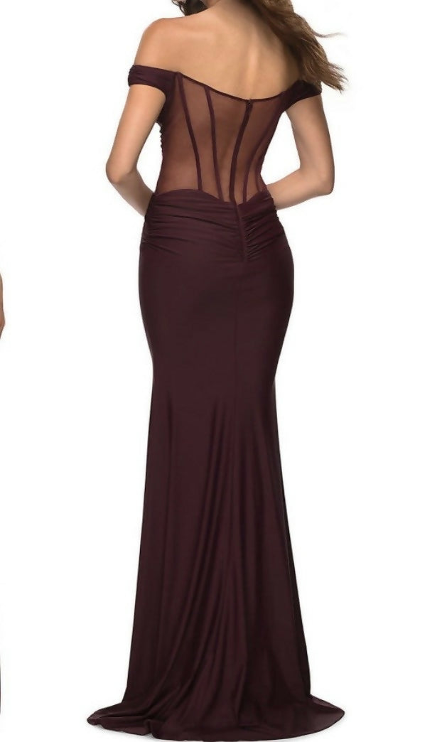 Formal Sheer Back Burgundy Dress