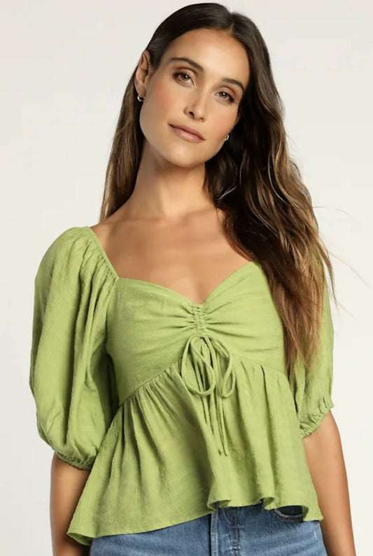 Lulus Sweetly Sentimental Green Ruched Puff Sleeve Top