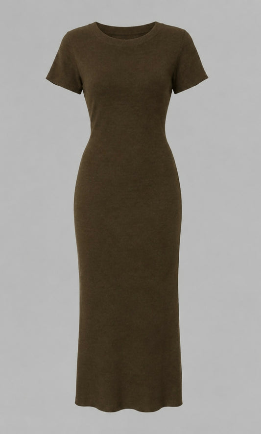 Brown ribbed knit midi dress
