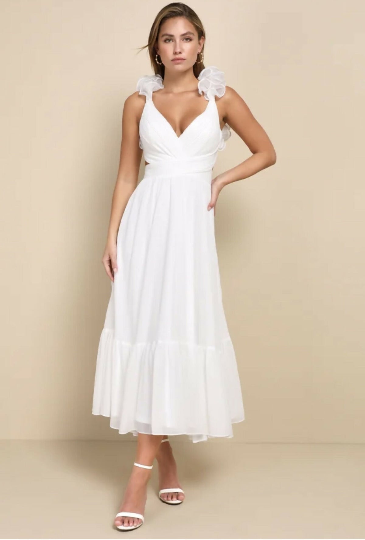 Contemporary Poise White Pleated Ruffled Lace-Up Midi Dress