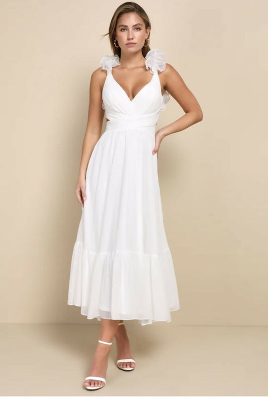 Contemporary Poise White Pleated Ruffled Lace-Up Midi Dress