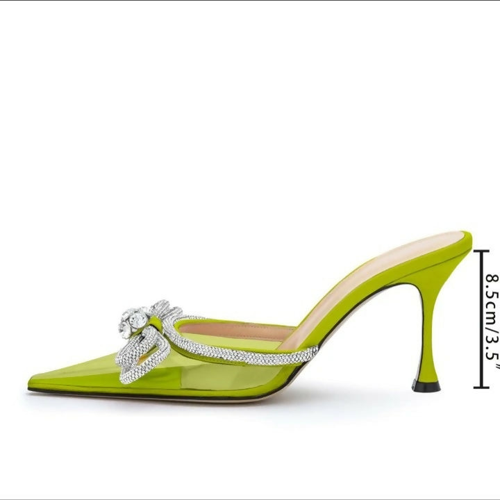 (NEW) Clear PVC Pointed Toe Rhinestone Bow-Knot Heels