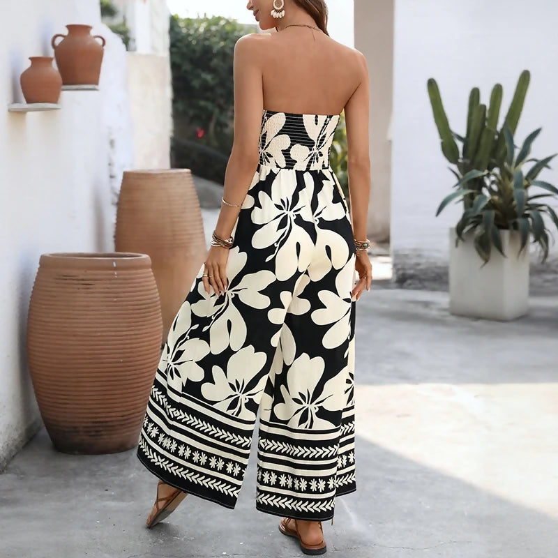 Black and Ivory Floral Strapless Backless Wide Leg Jumpsuit